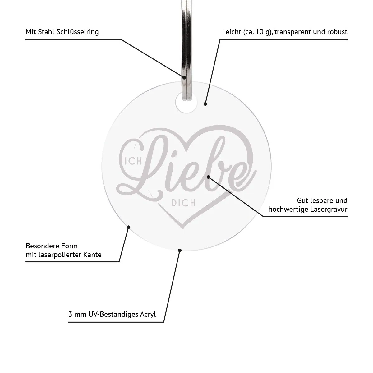 Acrylglas Schlüsselanhänger als Kreis - Herz Ich Liebe Dich