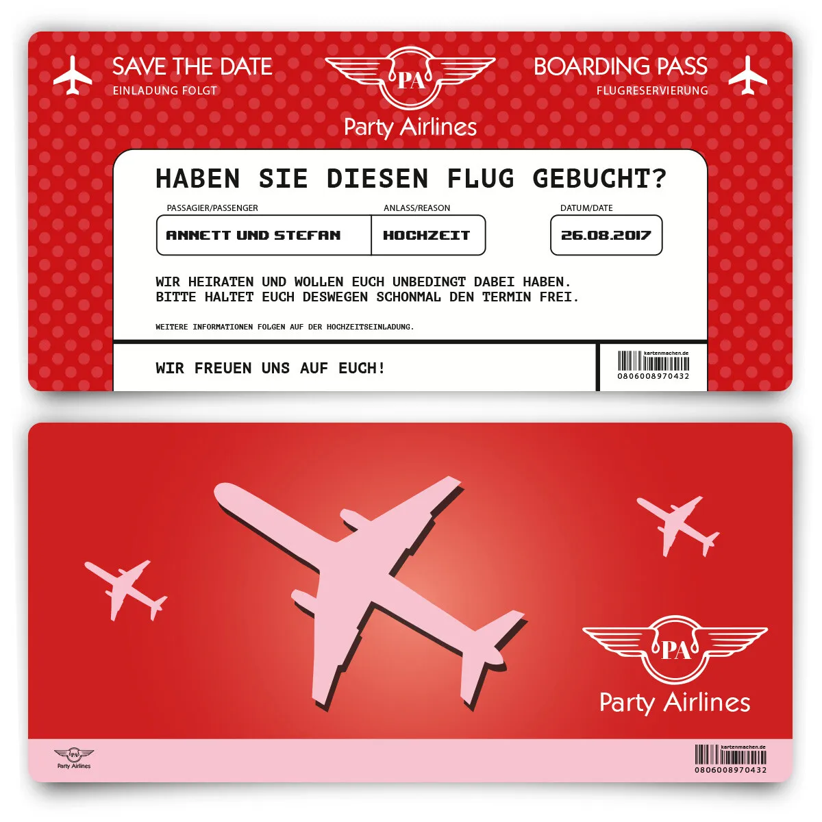 Save the Date Karte im Flugticket Motiv - Rot