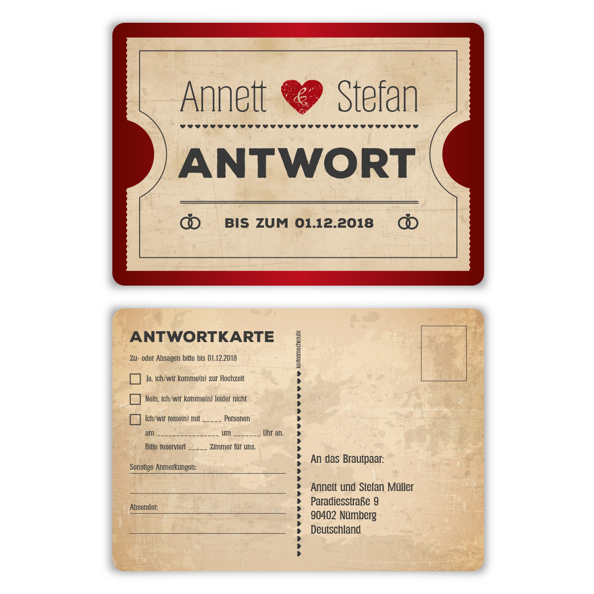 Antwortkarten Hochzeit - Vintage Herz Rot