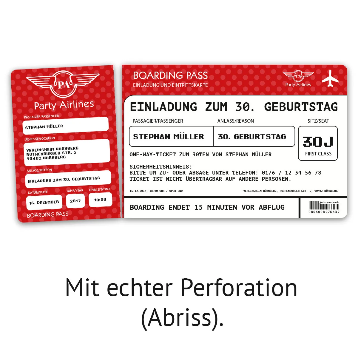 Geburtstag Einladungskarte als Flugticket - Rot