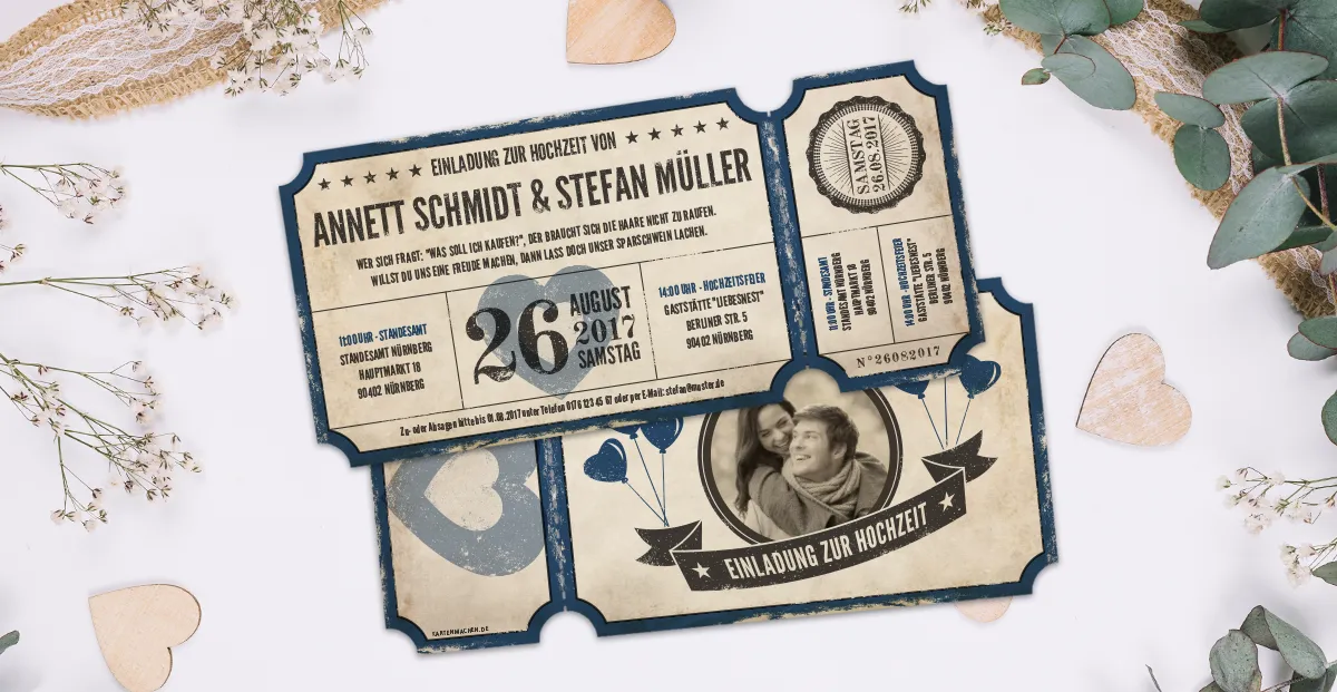 Außergewöhnliche und Ausgefallene Vintage Tickets als Hochzeitseinladung mit eignem Text, Foto und echtem Abriss