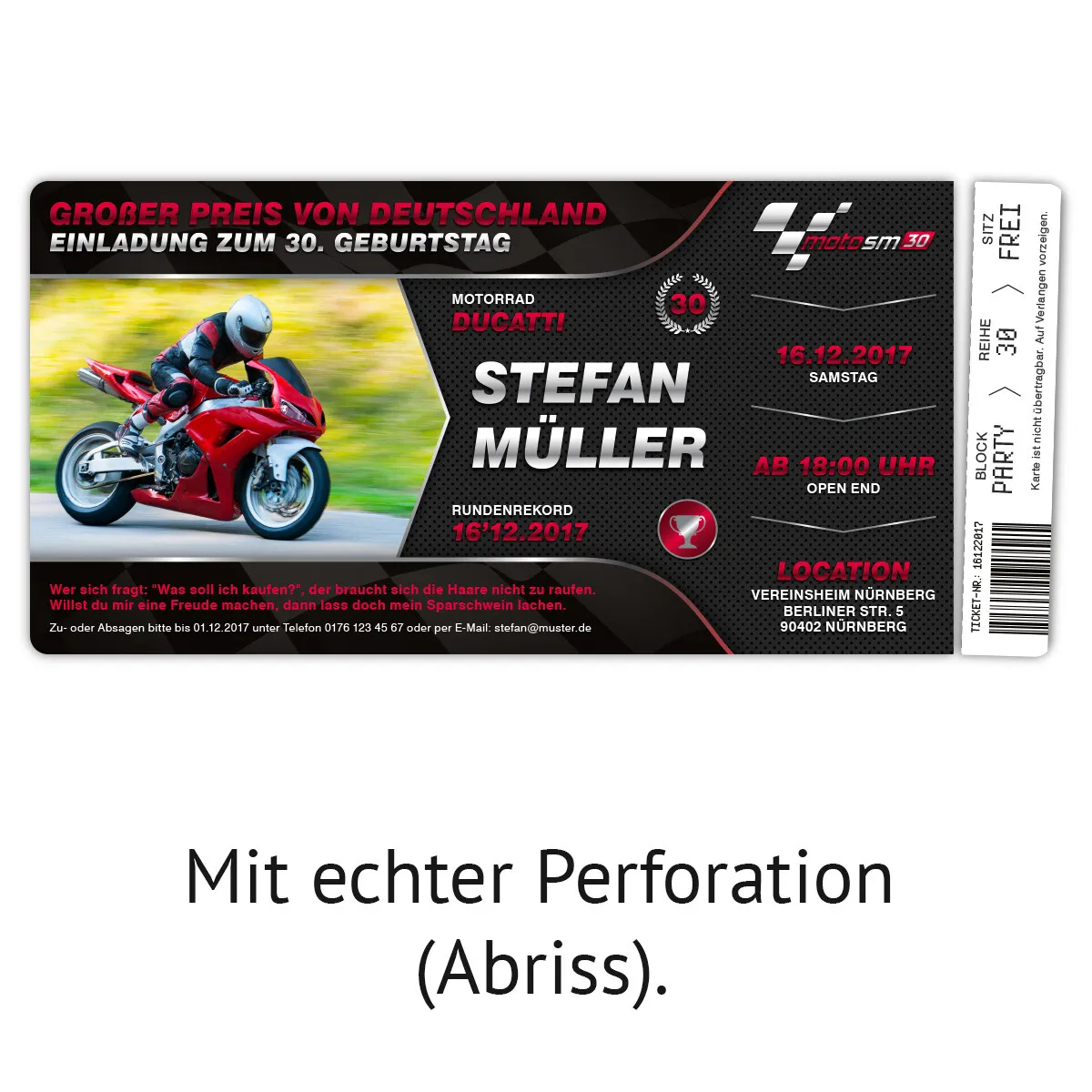 Geburtstag Einladungen -  Motorrad Rennen Ticket