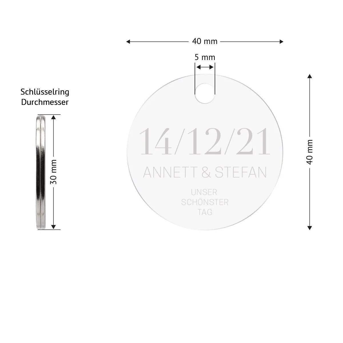 Personalisierter Acrylglas Schlüsselanhänger als Kreis - Schönster Tag
