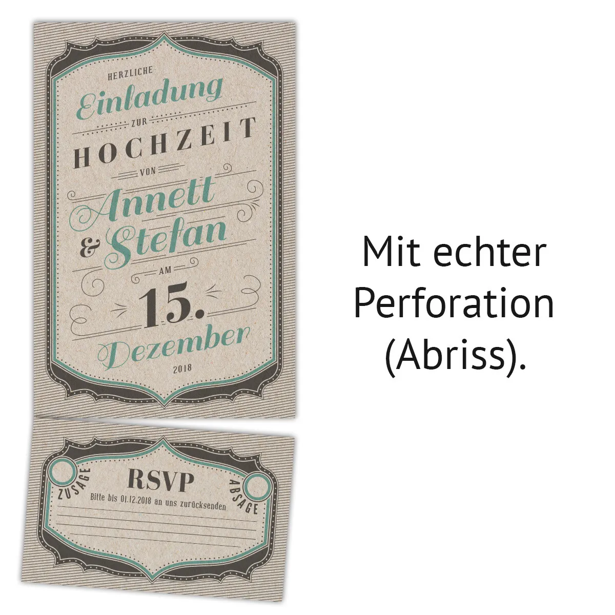 Hochzeitseinladungen mit Antwortkarte Ticket - Vintage Letterpress