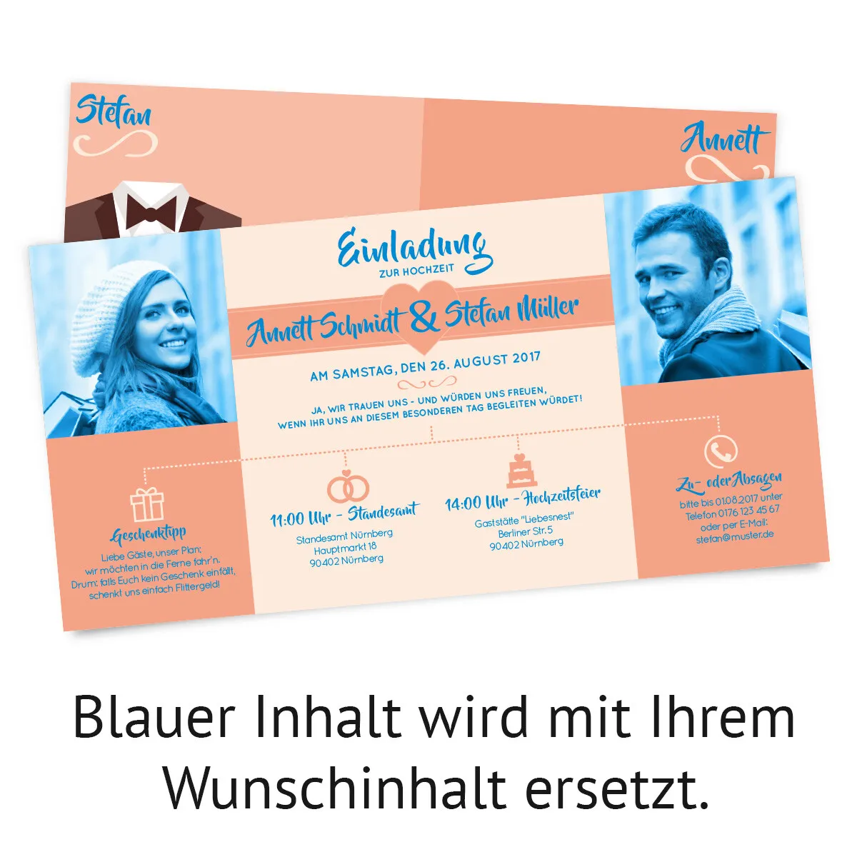 Hochzeitseinladungen - Braut und Bräutigam Altarfalz in Pfirsich