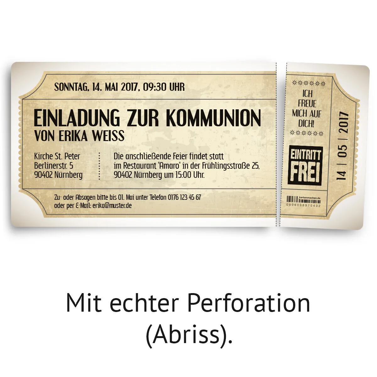 Kommunion Einladungskarten - Vintage Eintrittskarten in Weiß