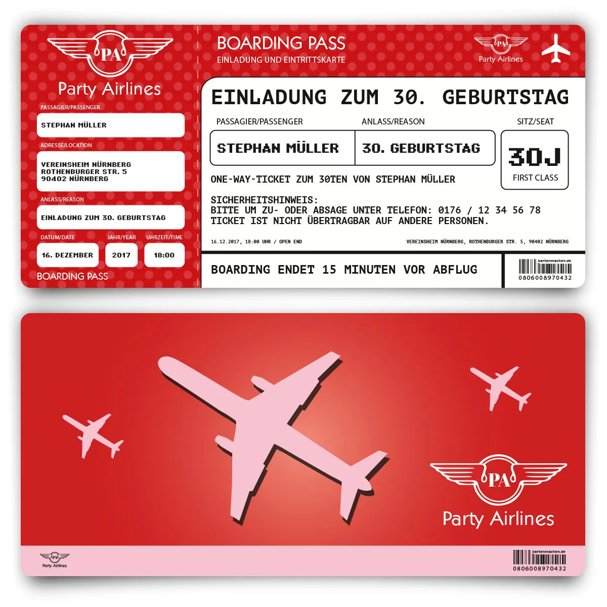 Geburtstag Einladungskarte als Flugticket - Rot