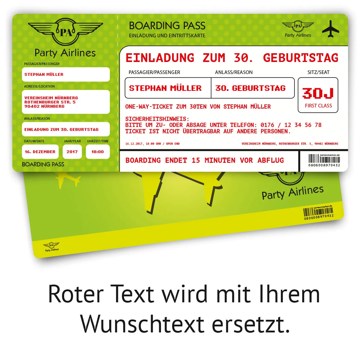 Geburtstag Einladungskarte als Flugticket - Grün