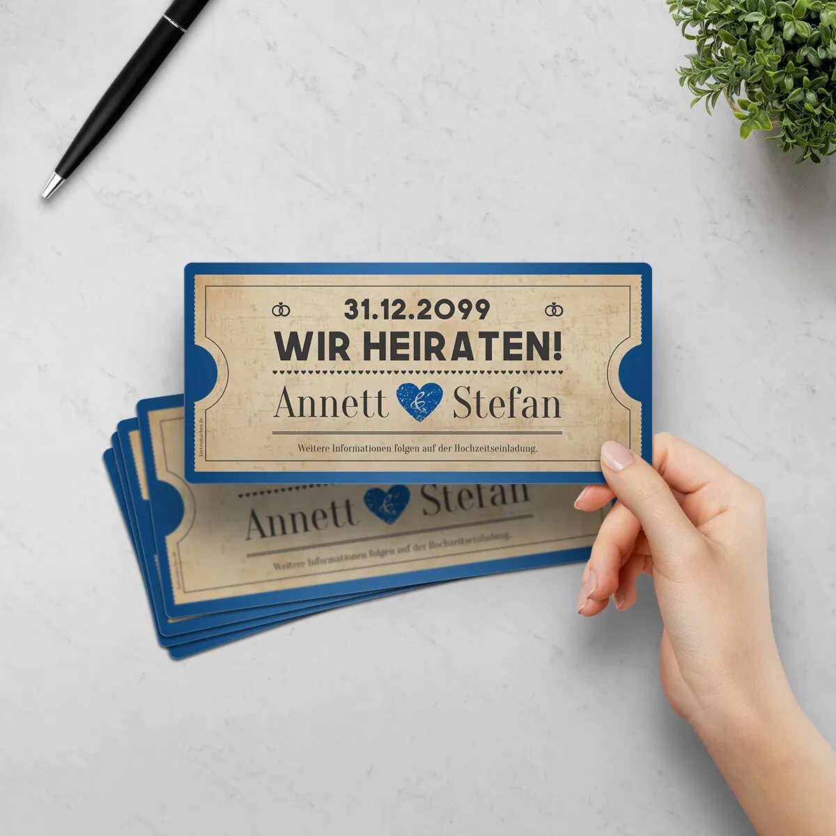 Save the Date Karten zur Hochzeit - Vintage Herz in Blau