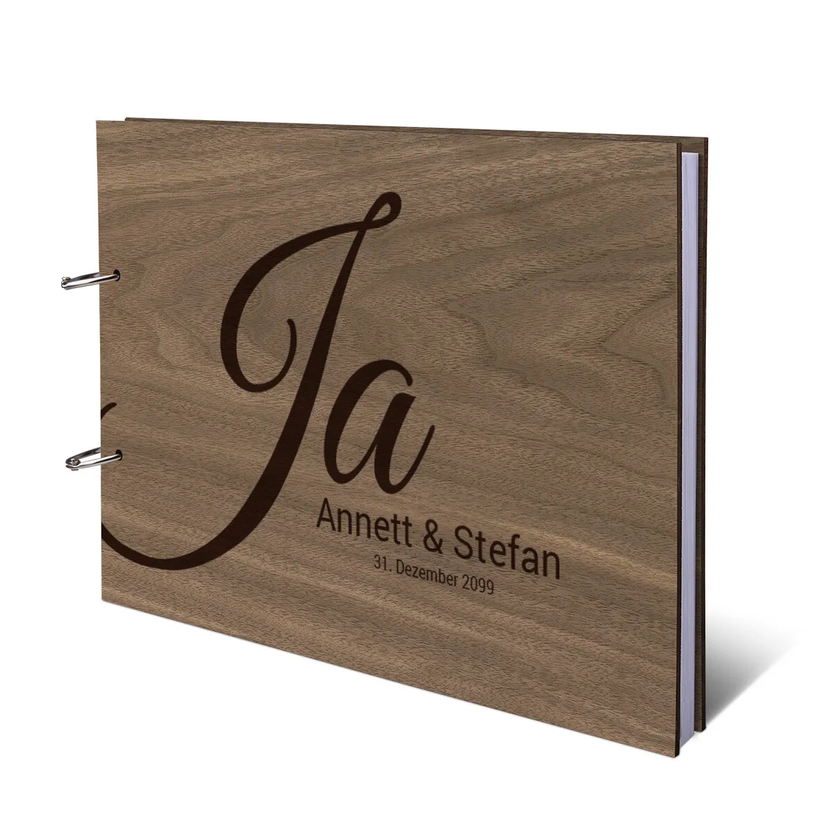 Personalisiertes Hochzeit Gästebuch Nussbaum Holz A4 quer - Ja