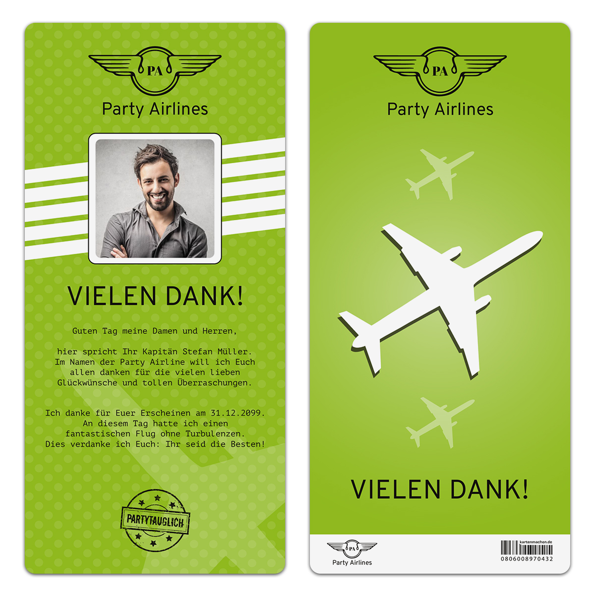 Danksagungskarten Flugticket - Grün