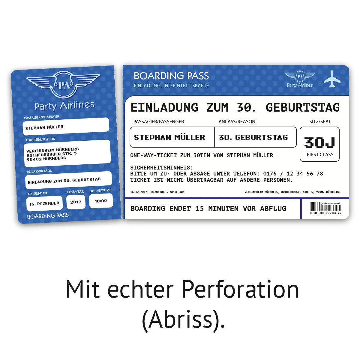 Geburtstag Einladungskarte als Flugticket - Blau