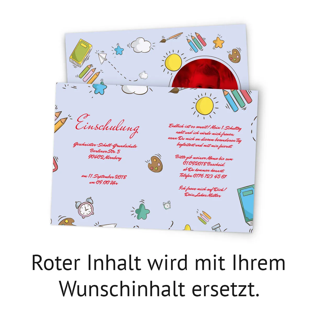 Einladung Einschulungskarten - Buntes Schulkram