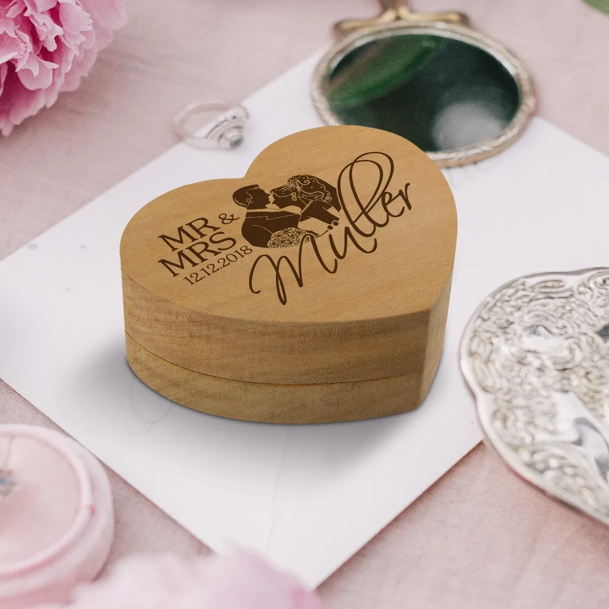 Hochzeit Herz Ringbox Garapa Holz - Mr & Mrs