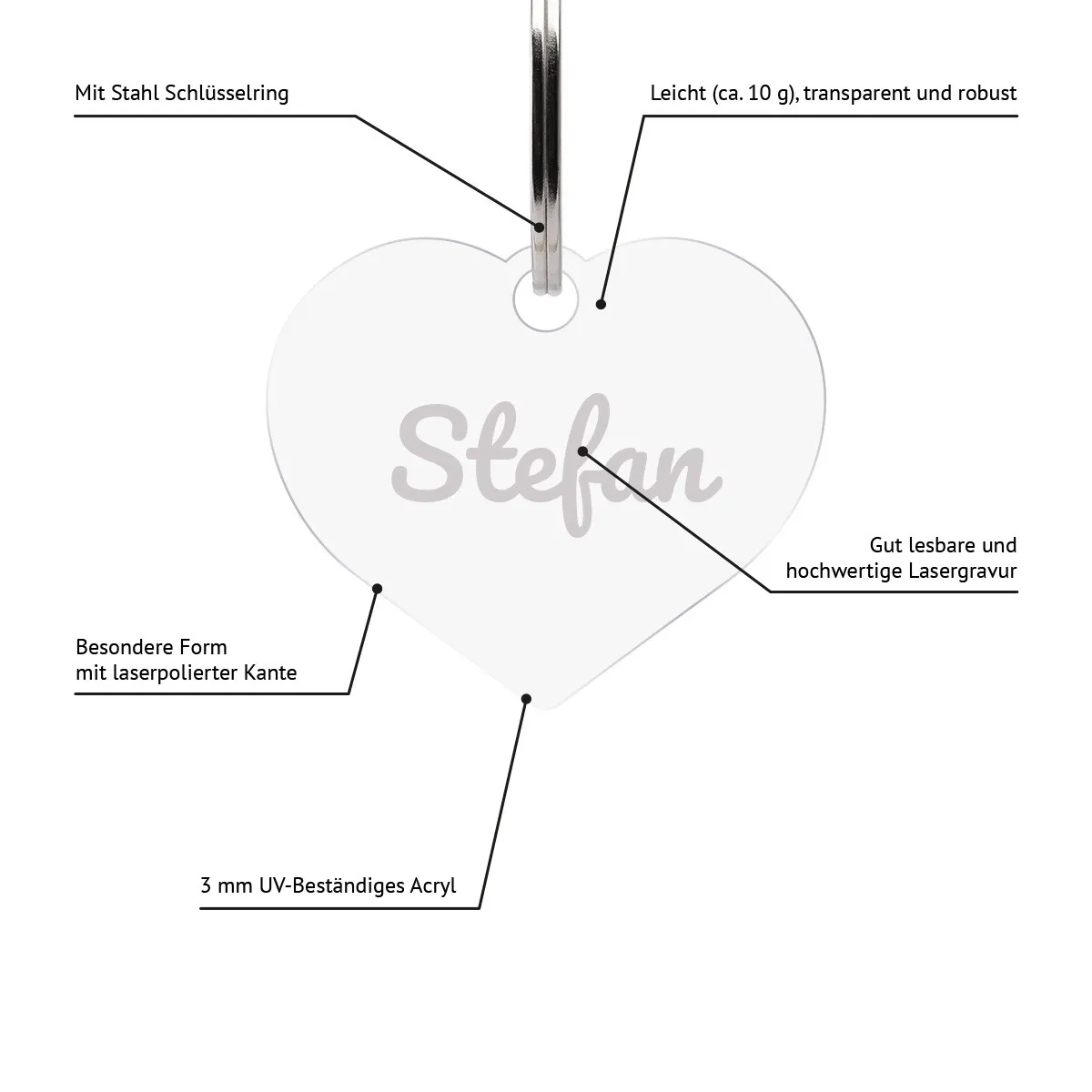 Personalisierter Acrylglas Schlüsselanhänger als Herz - Schriftzug Name