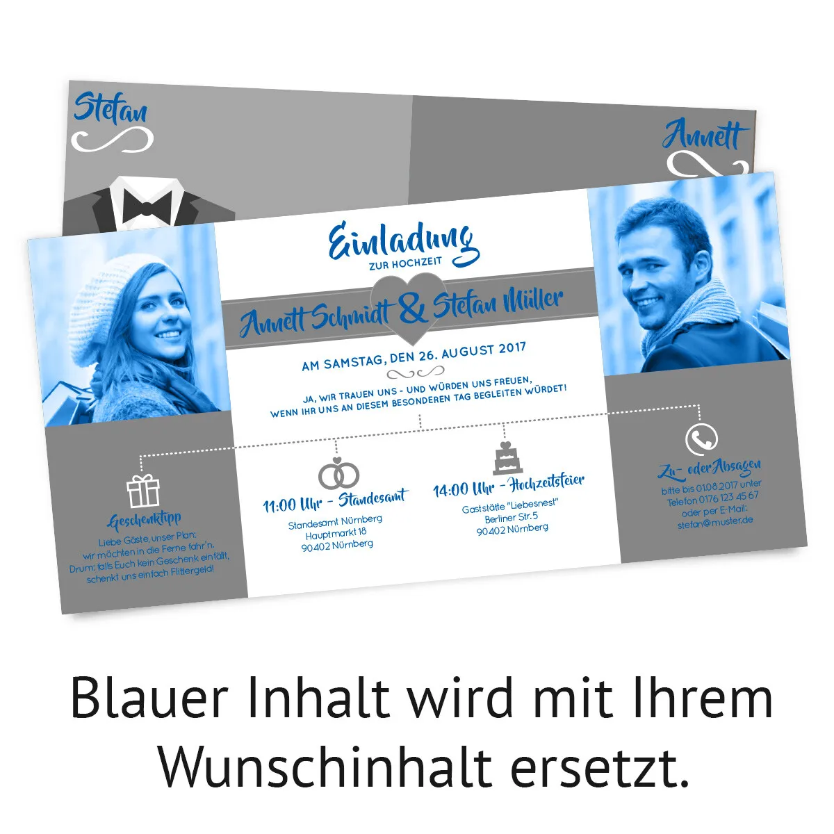 Hochzeitseinladungen - Braut und Bräutigam Altarfalz in Grau