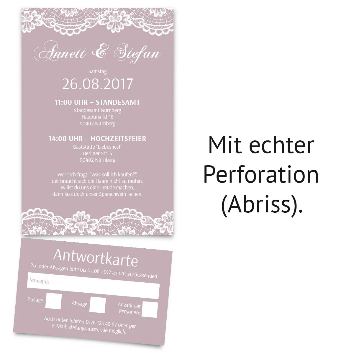 Hochzeitseinladungen mit Antwortkarte - Spitze in Lila