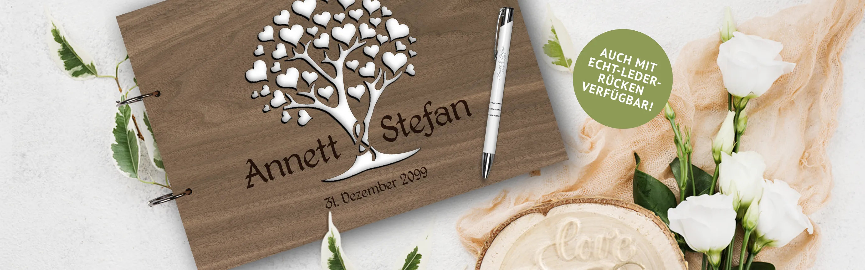 Hochzeit Gästebuch als Herzbaum mit Ihren eigenen Namen in  Holz eingebrannt mit Ringen