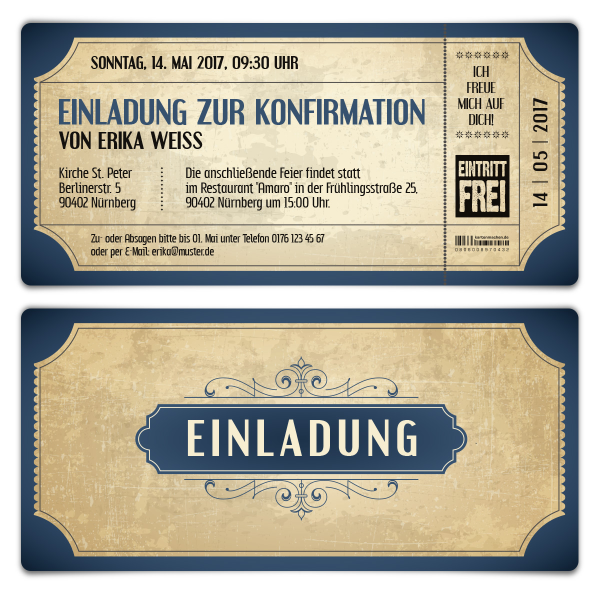 Konfirmation Einladungskarten - Vintage Eintrittskarten in Blau