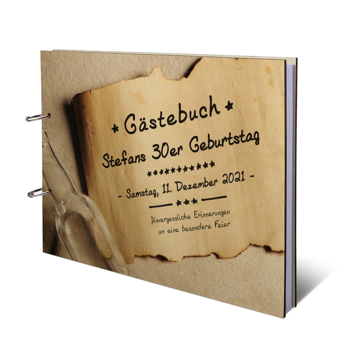 Personalisiertes Geburtstag Gästebuch Birkensperrholz Ringbuch UV-Druck DIN A4 quer - Flaschenpost