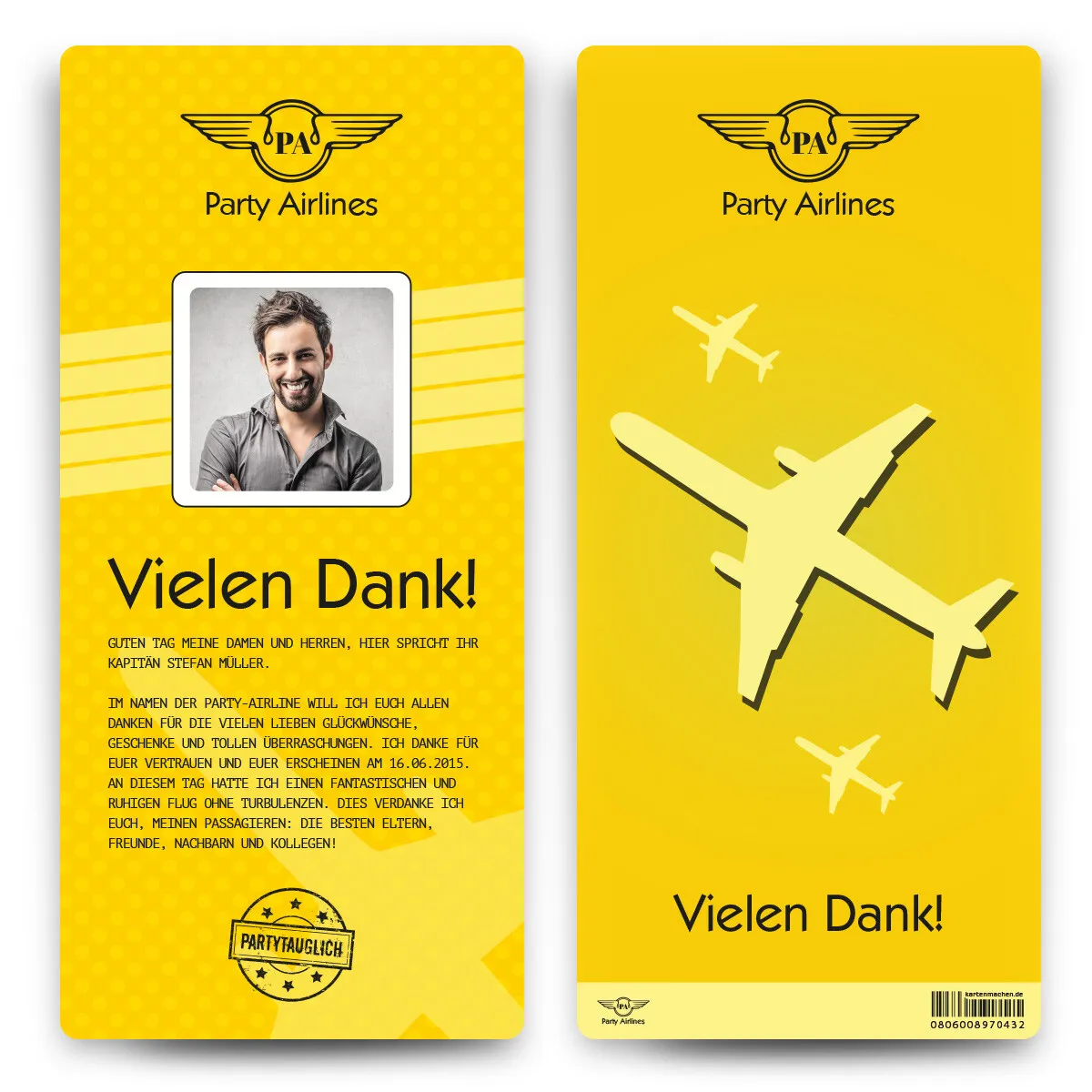 Danksagungskarten Flugticket - Gelb