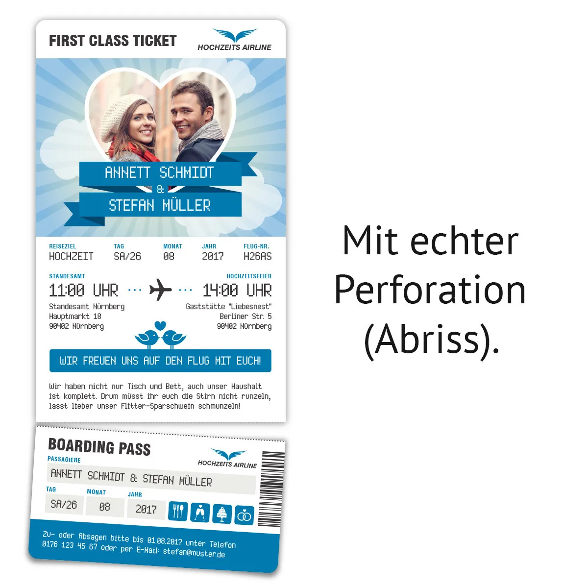 Hochzeit Einladungen - First Class Flugticket in Blau