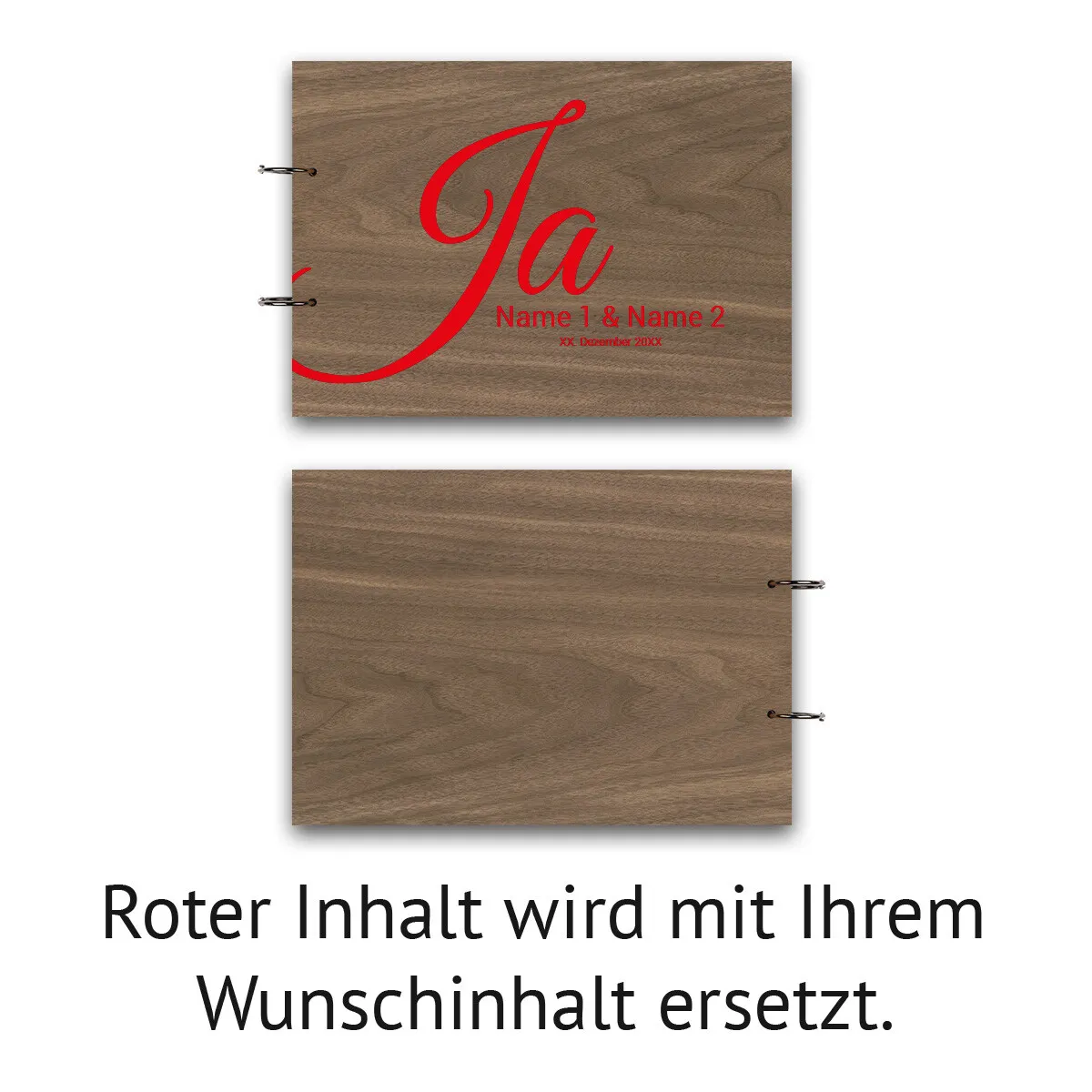 Personalisiertes Hochzeit Gästebuch Nussbaum Holz A4 quer - Ja