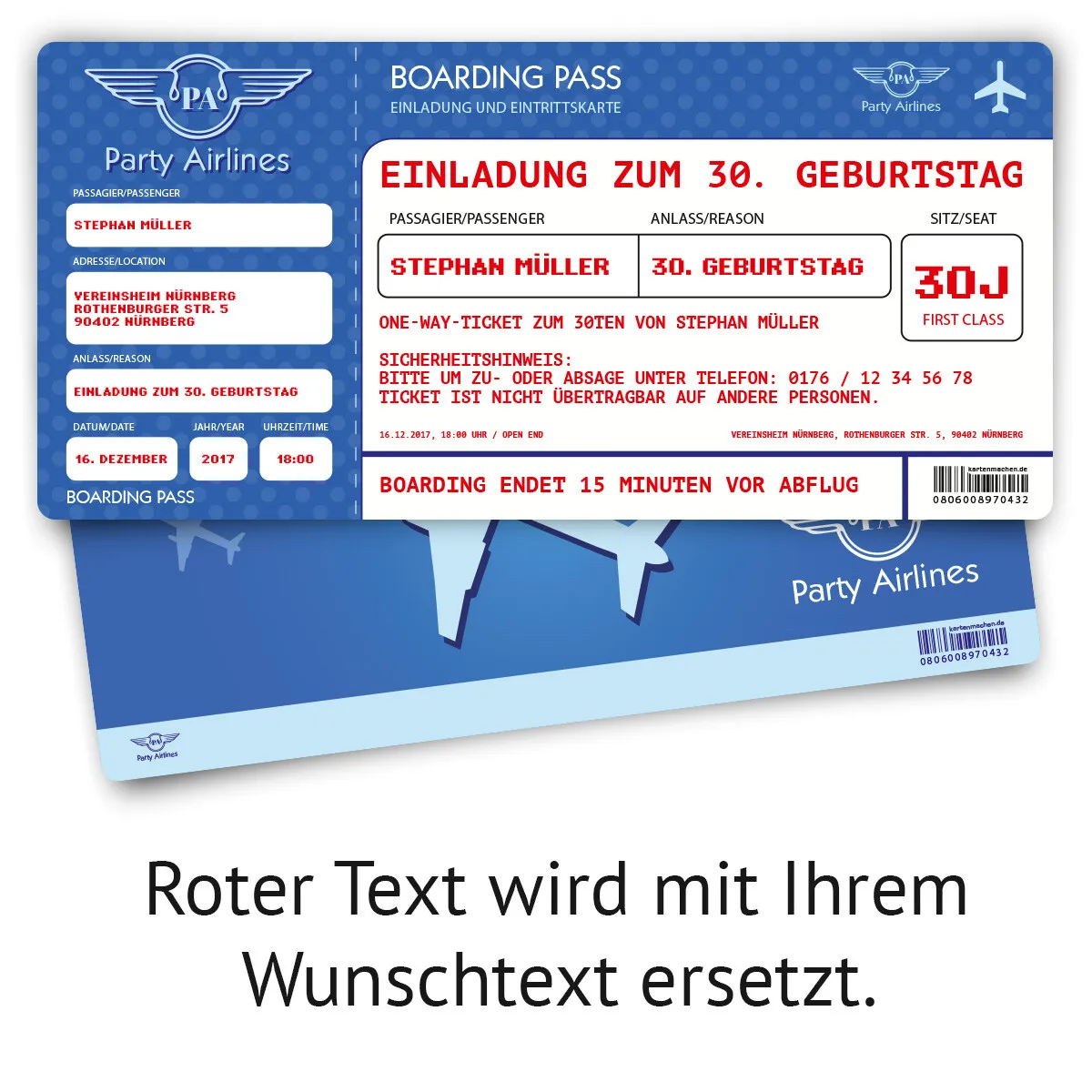 Geburtstag Einladungskarte als Flugticket - Blau