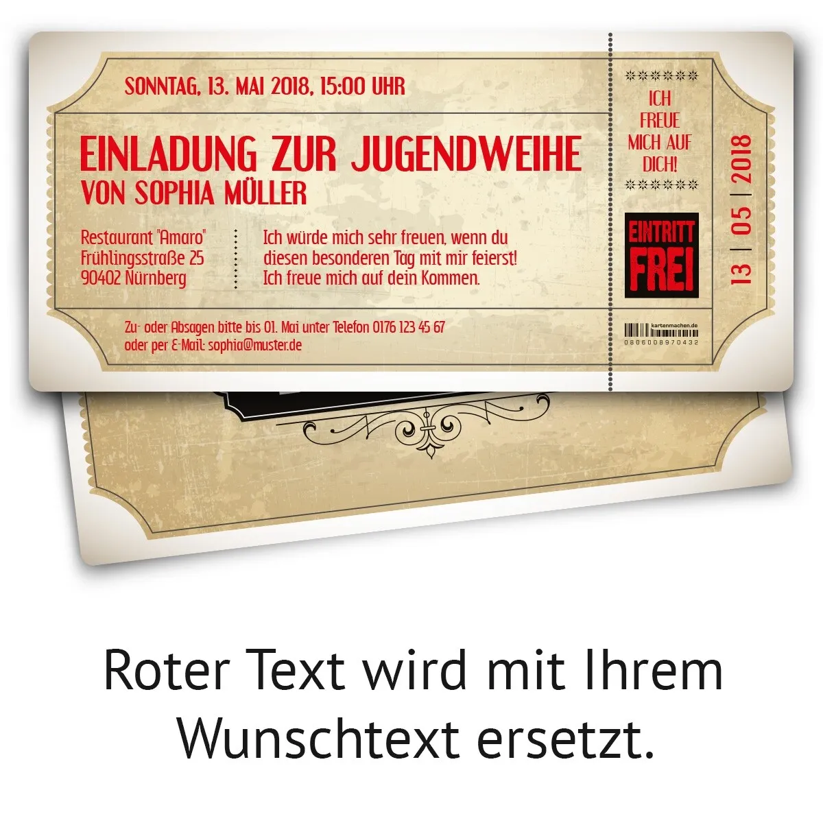 Jugendweihe Einladungskarten - Vintage Eintrittskarten in Weiß