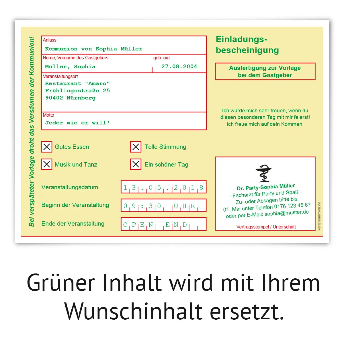 Einladungskarten Kommunion als Krankschreibung in Gelb