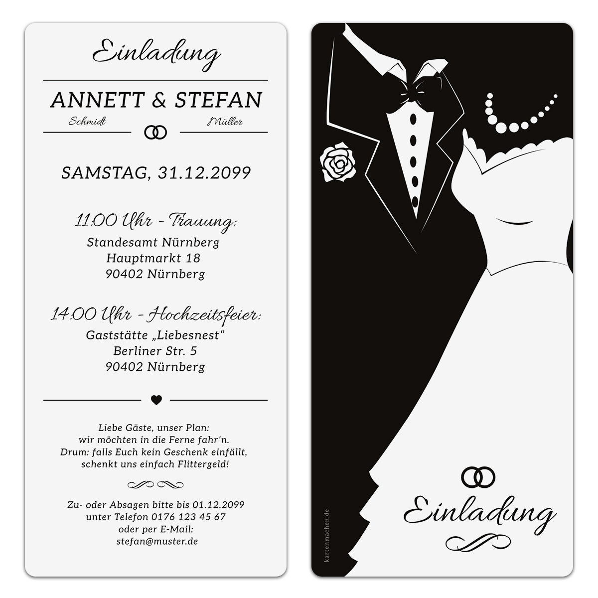 Hochzeitseinladungen - Black and White Brautpaar - Weiß