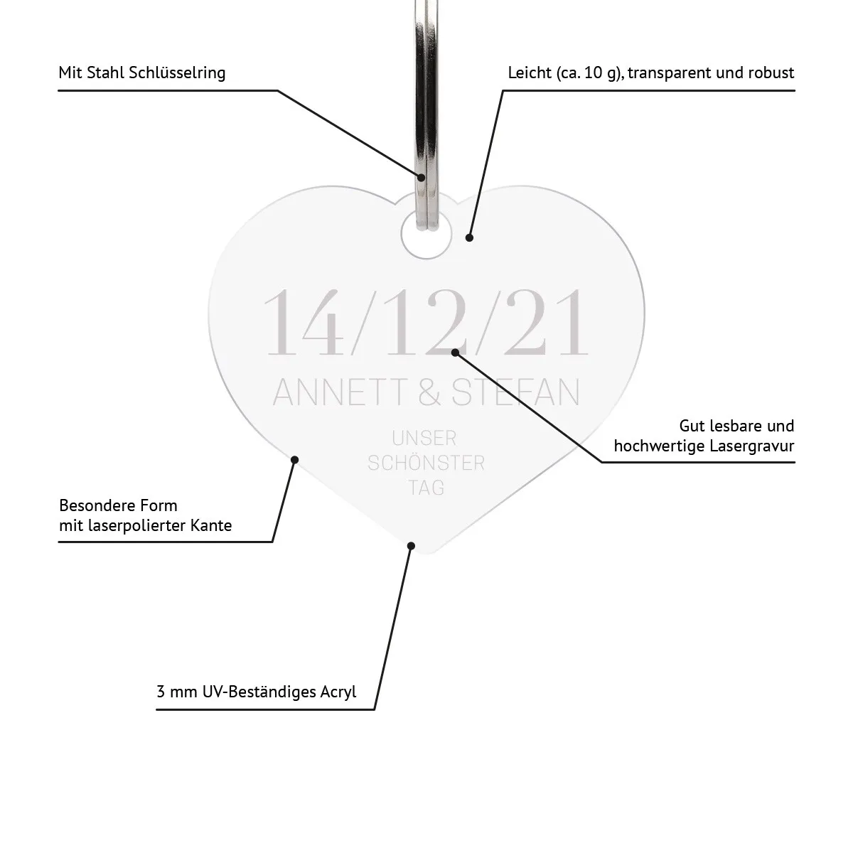 Personalisierter Acrylglas Schlüsselanhänger als Herz - Schönster Tag