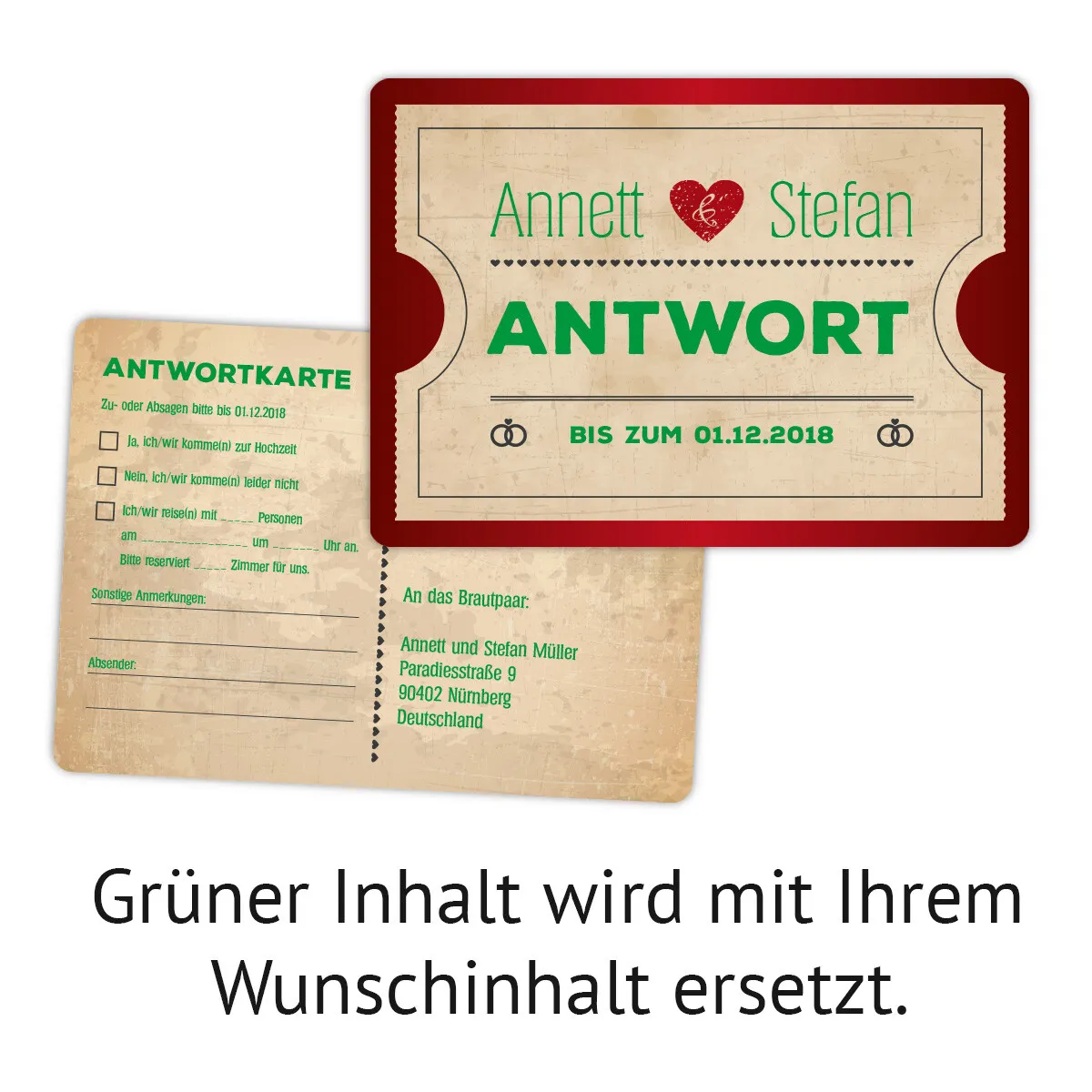 Antwortkarten Hochzeit - Vintage Herz Rot