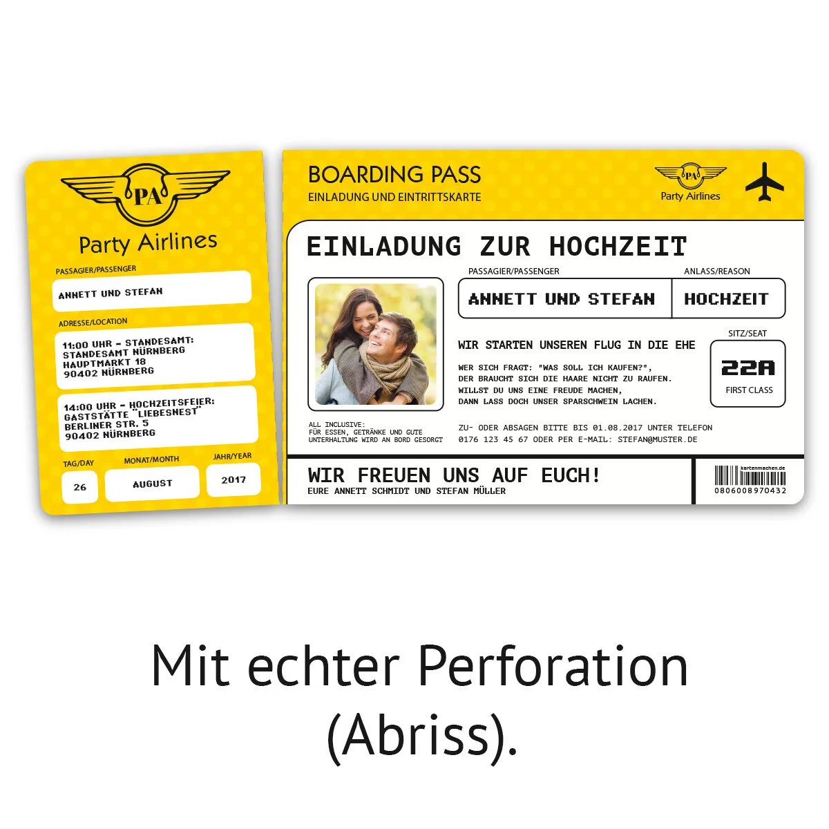 Hochzeitskarten als Flugticket - Gelb