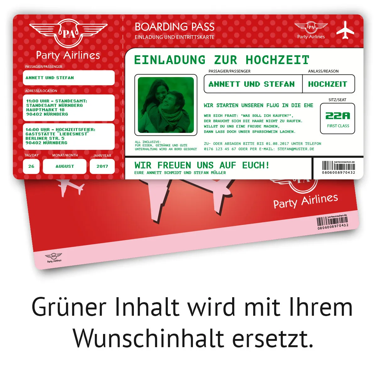 Hochzeitskarten als Flugticket - Rot