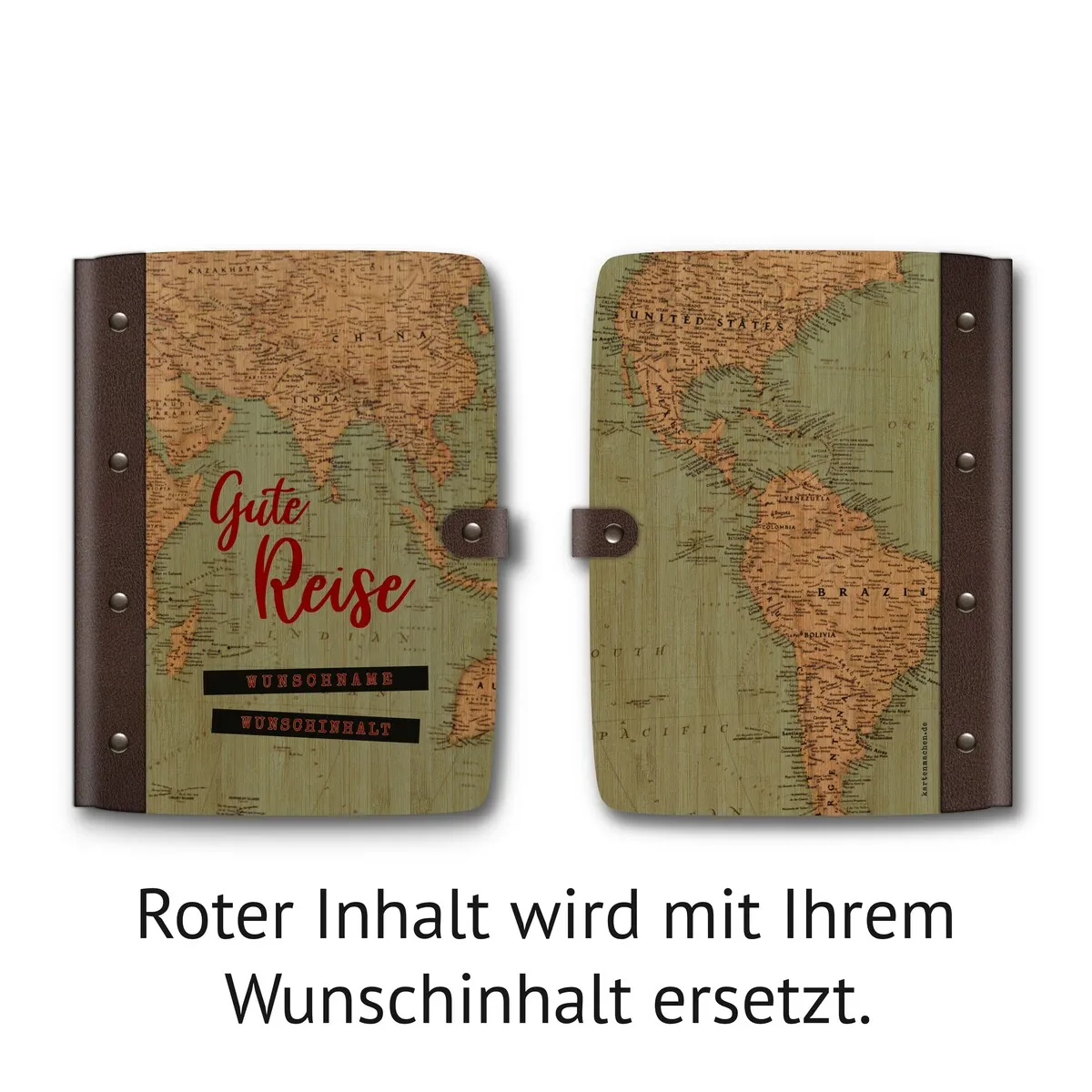 Personalisiertes Reisetagebuch Bambus mit Leder und UV-Druck - Vintage Weltkarte