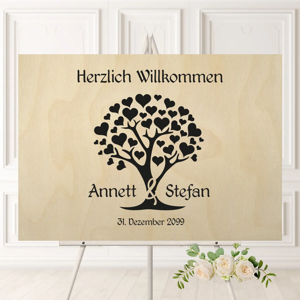 Personalisiertes Willkommensschild zur Hochzeit Birkensperrholz - Herzbaum