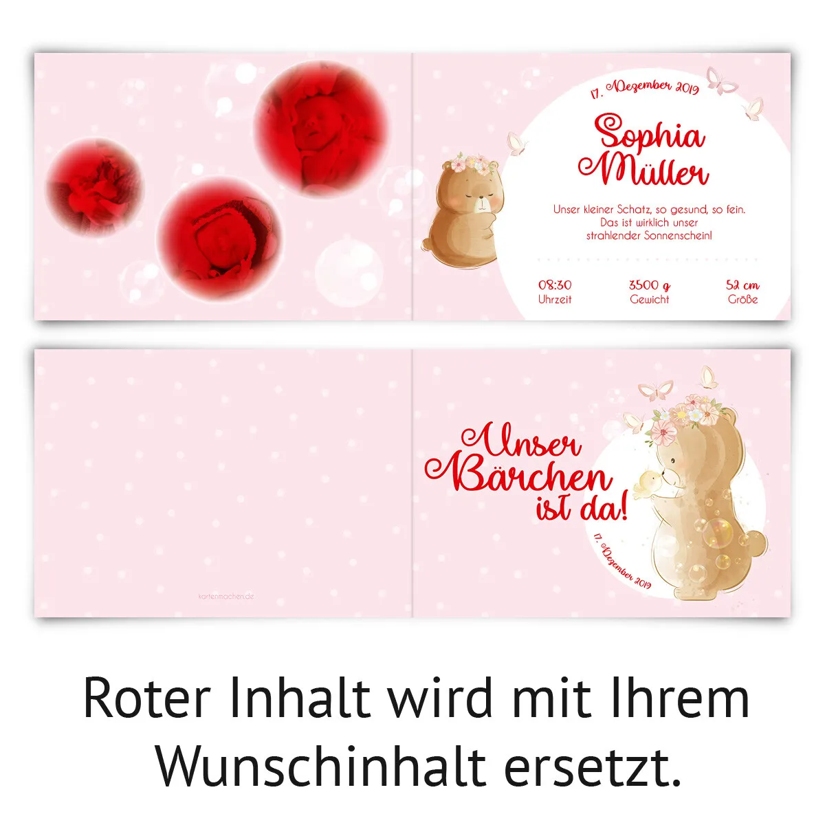 Geburtskarten - Bärchen in Rosa