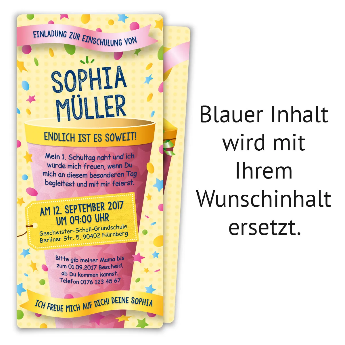 Einladungskarten zur Einschulung - Schultüte in Rosa