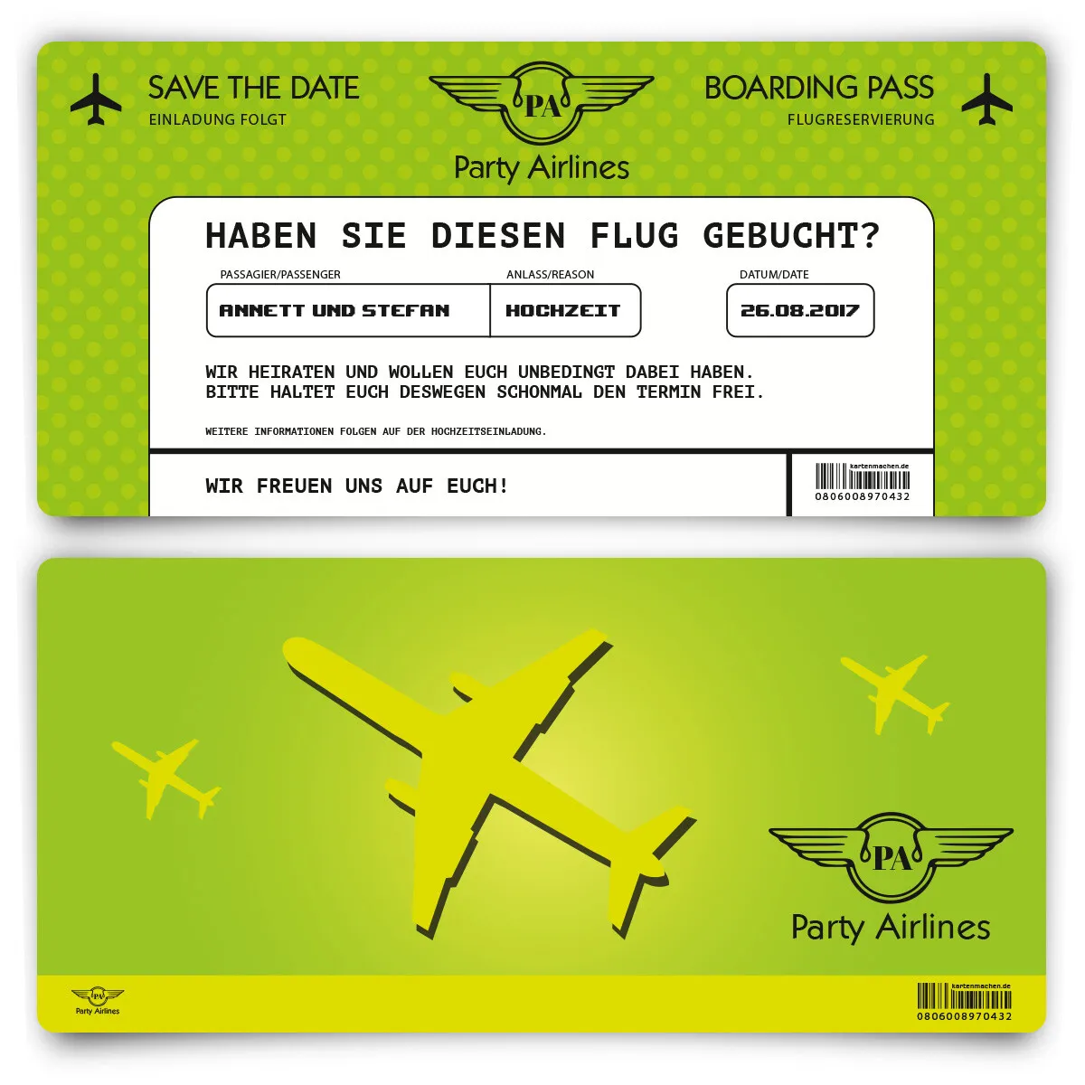 Save the Date Karte im Flugticket Motiv - Grün