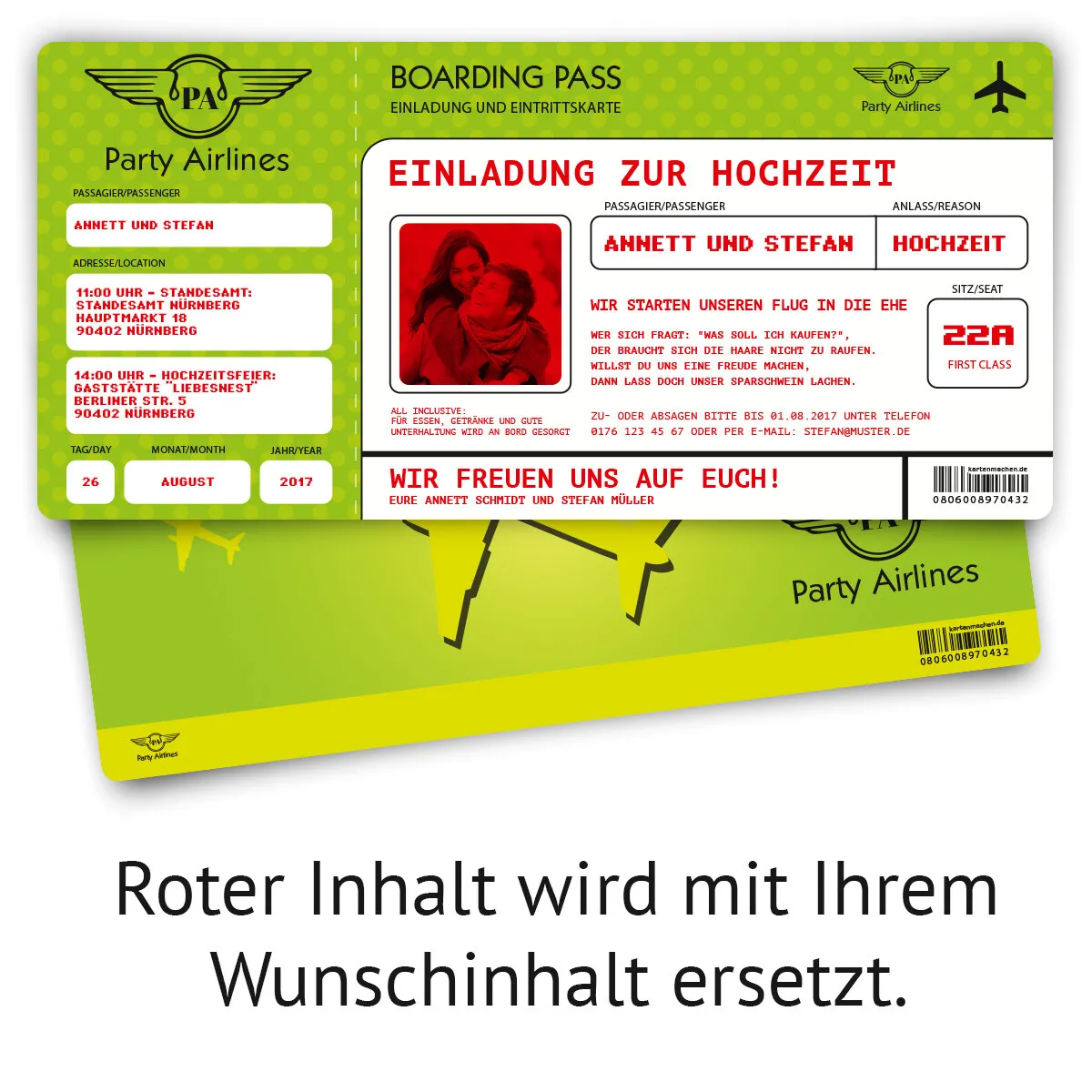 Hochzeitskarten als Flugticket - Grün