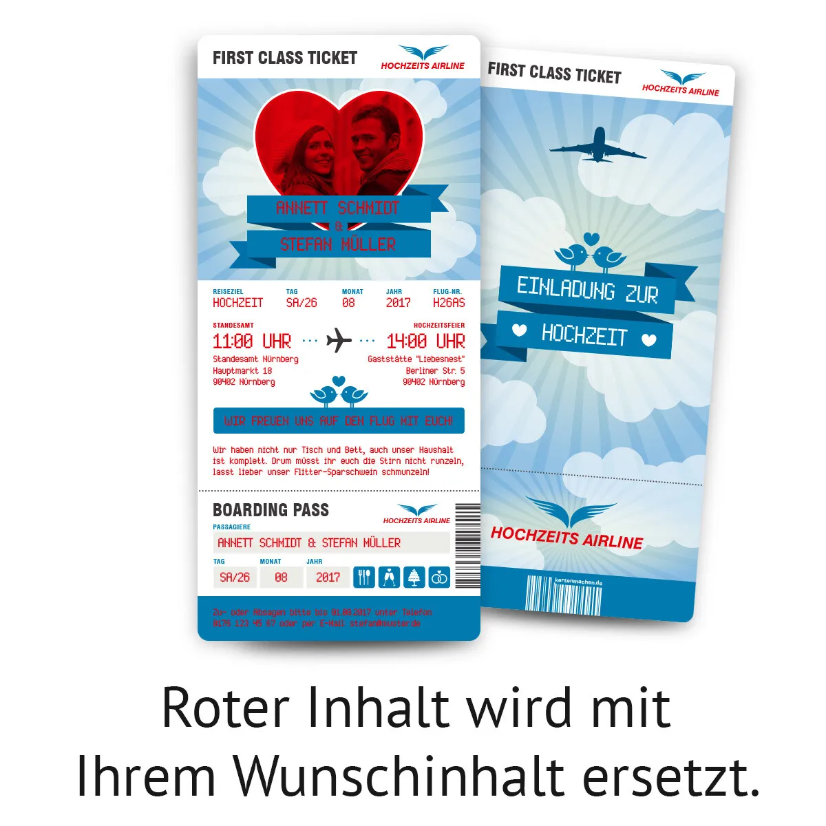 Hochzeit Einladungen - First Class Flugticket in Blau