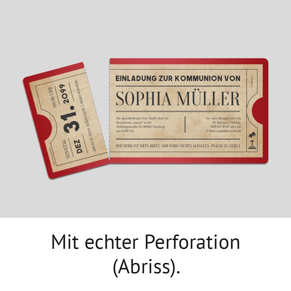 Kommunion Einladungskarten - Vintage Ticket in Rot