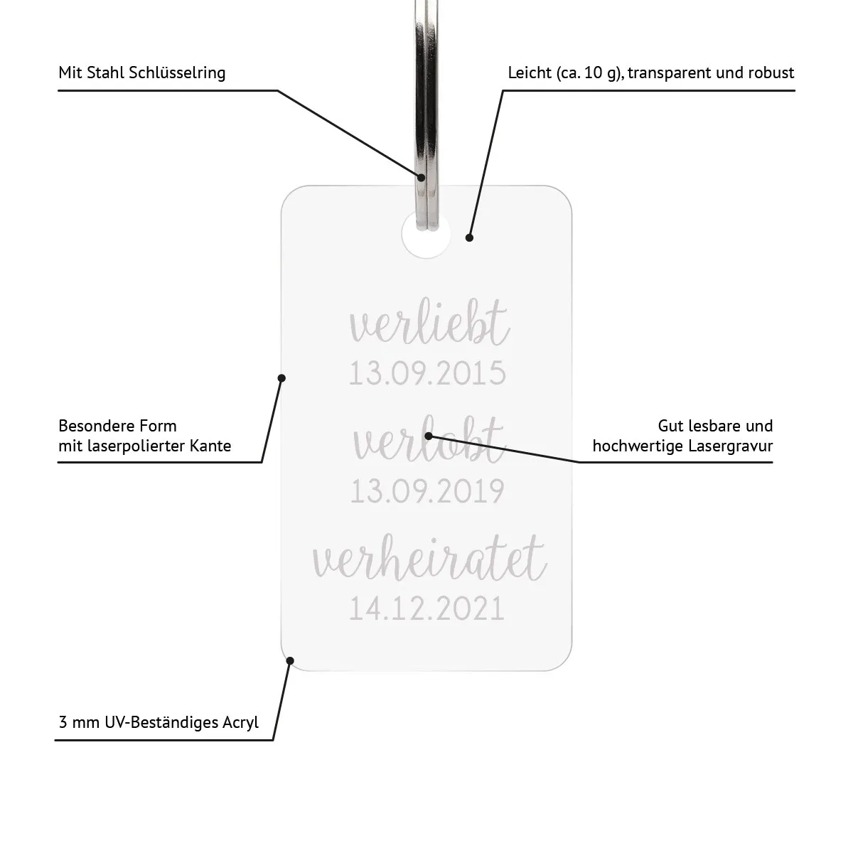 Personalisierter Acrylglas Schlüsselanhänger als Rechteck - verliebt verlobt verheiratet