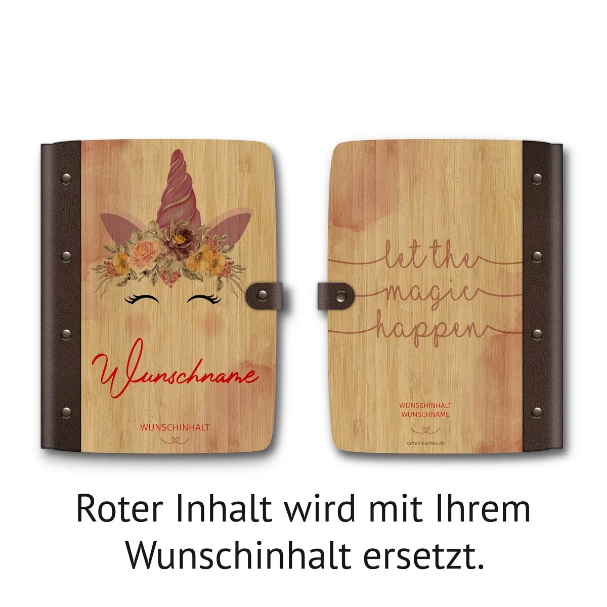 Personalisiertes Notizbuch Bambus mit Leder und UV-Druck - Einhorn