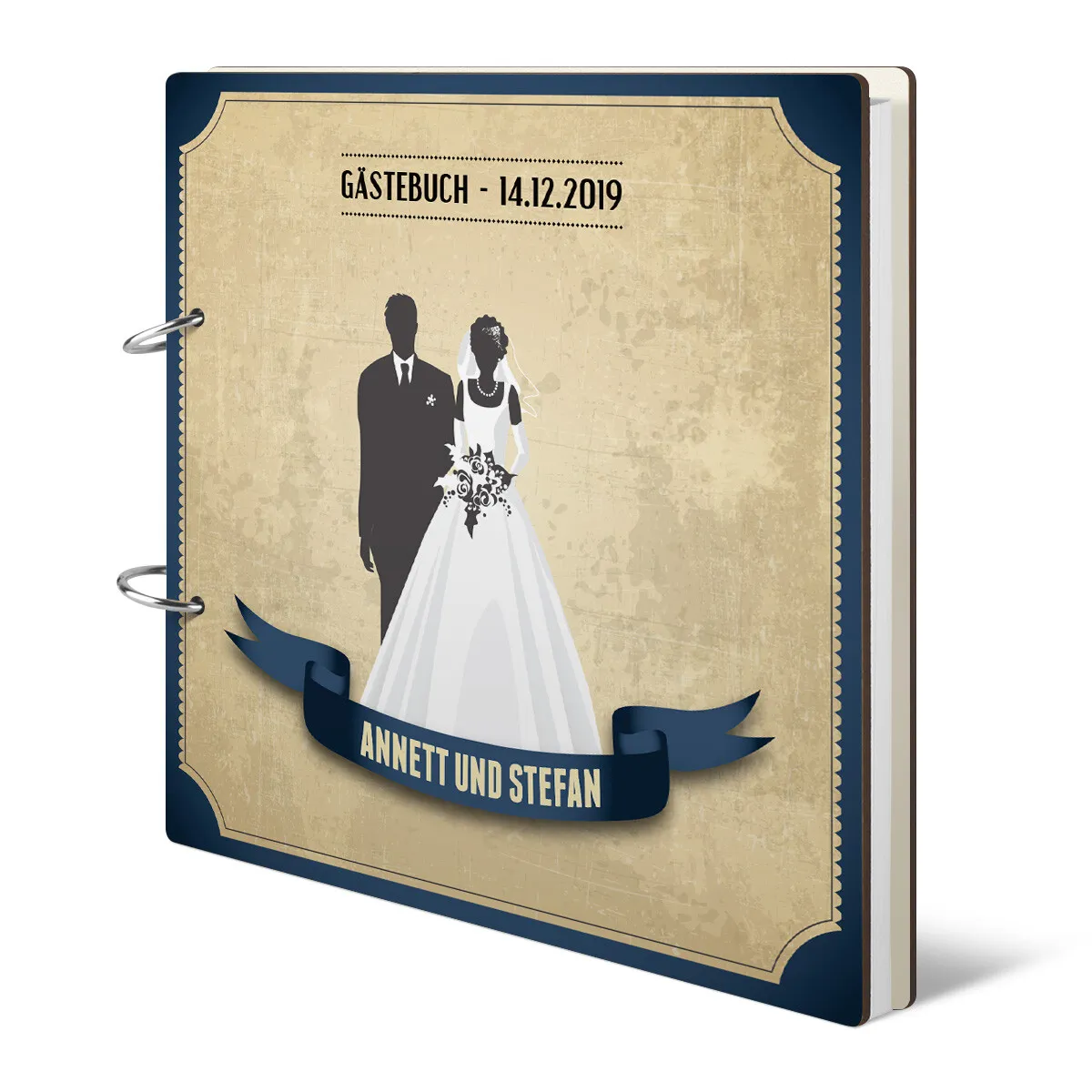 Personalisiertes Holzcover Hochzeit Gästebuch - Vintage Brautpaar Blau