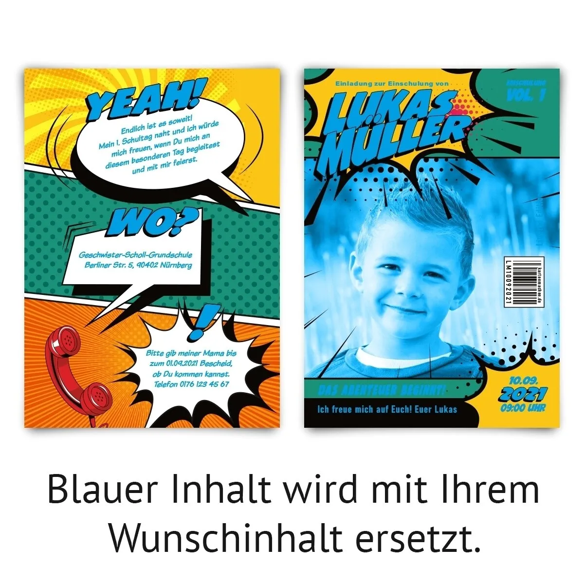 Einschulung Einladungskarten - Superheld Comic-Buch Cover