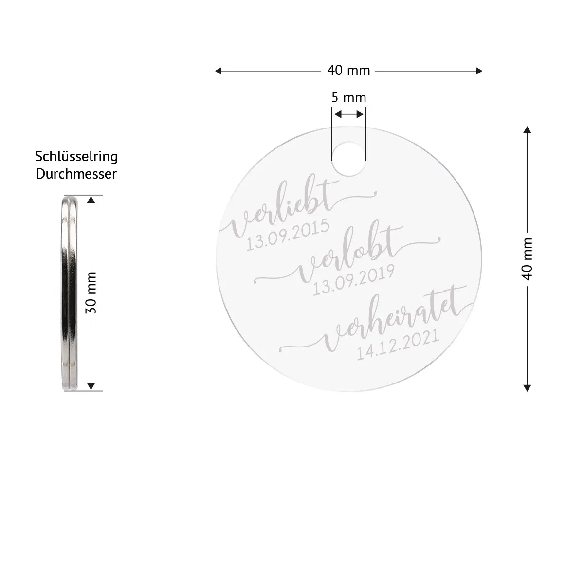 Personalisierter Acrylglas Schlüsselanhänger als Kreis - verliebt verlobt verheiratet