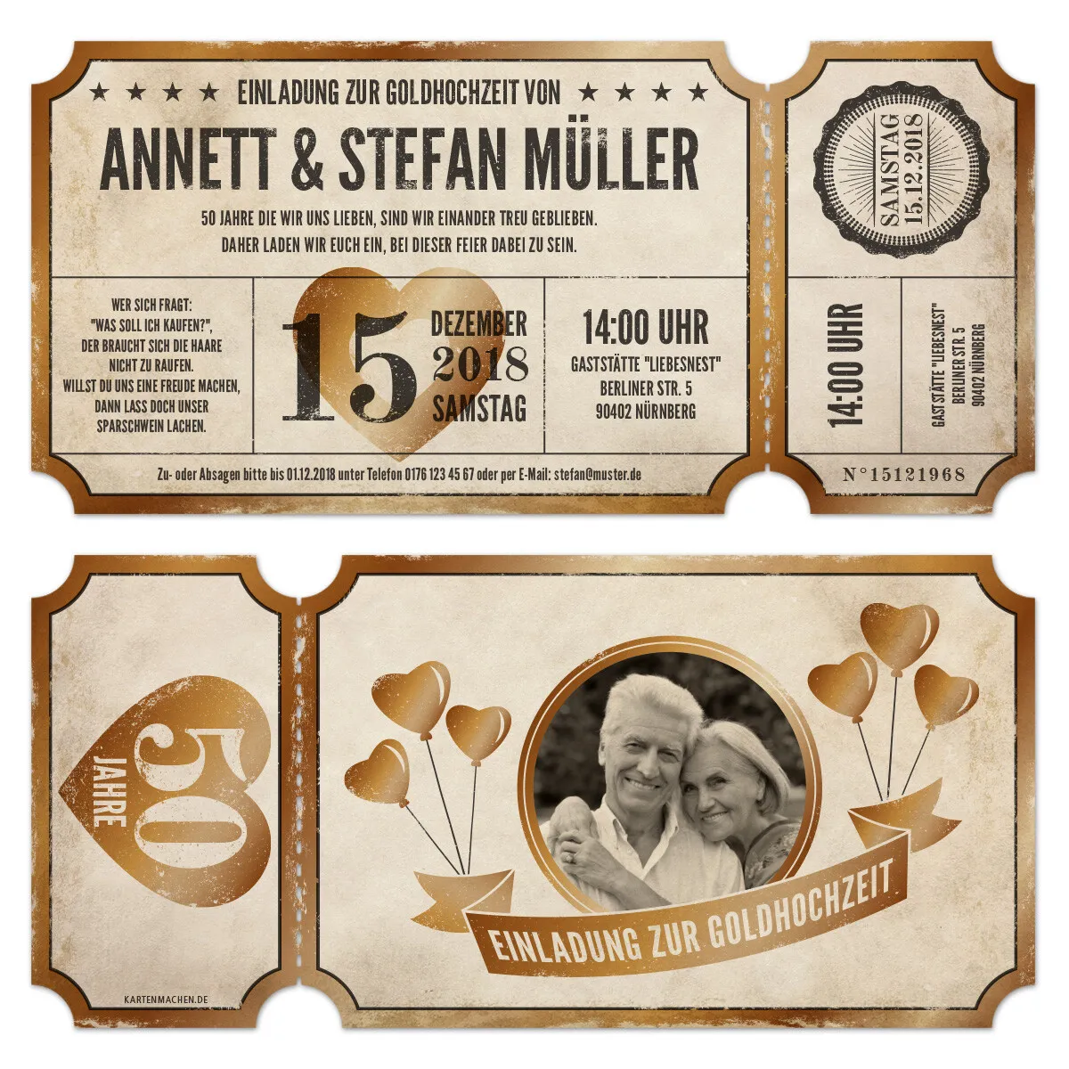 Lasergeschnittene Goldhochzeit Einladungen - Vintage Ticket Luftballons