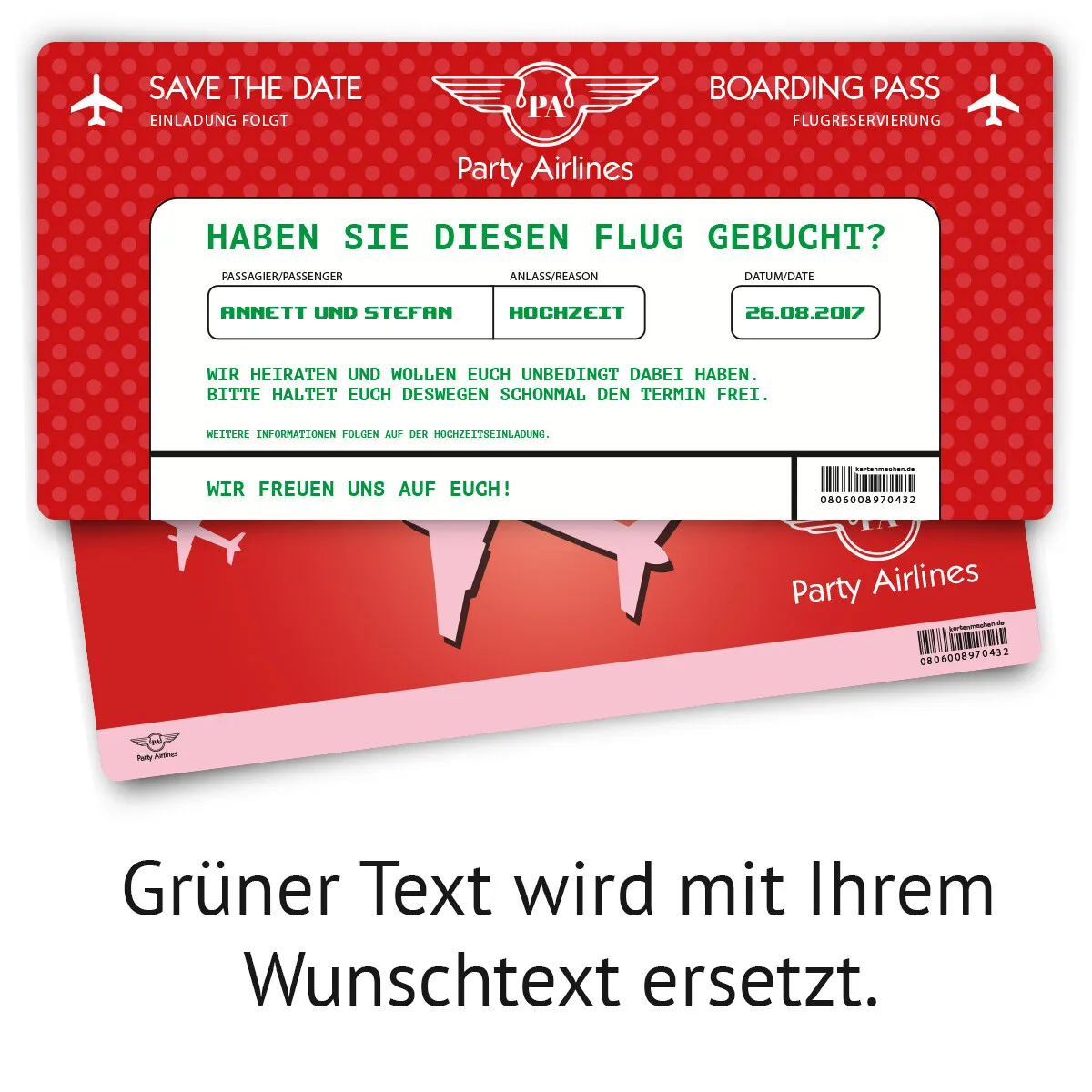 Save the Date Karte im Flugticket Motiv - Rot